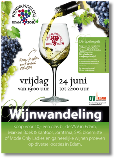 Wijnwandeling Edam 2016 
is op 24 juni. Koop je glas op tijd!